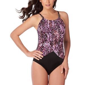 Magicsuit Black Purple High Neck Slimming One Piece Swimsuit‎ Sz 8 NEW